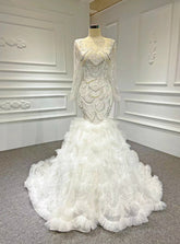 Best For You White Mermaid Tulle Beading Long Sleeve Wedding Dress